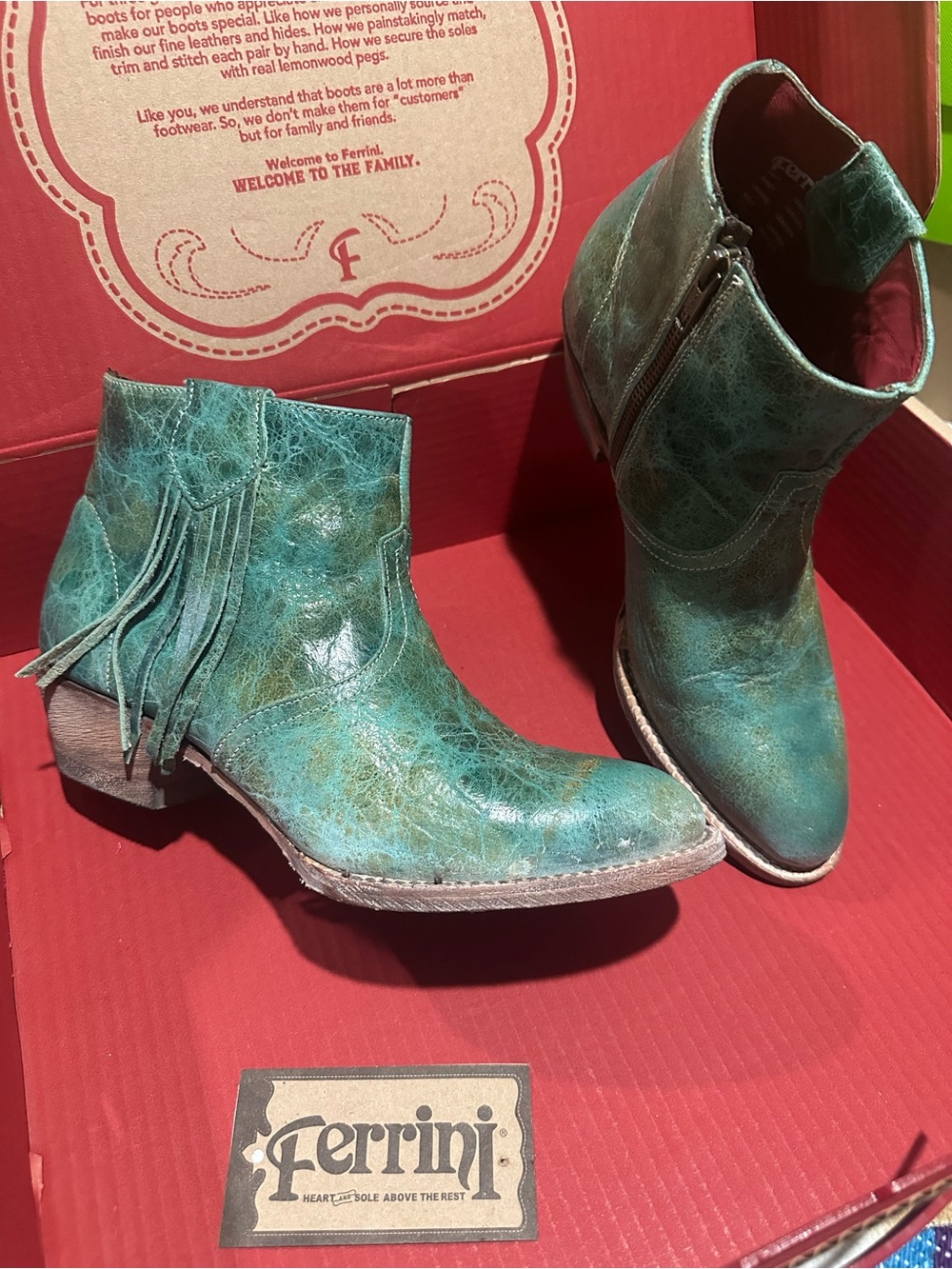 Ferrini Teal Leather Fringe Ankle Boots